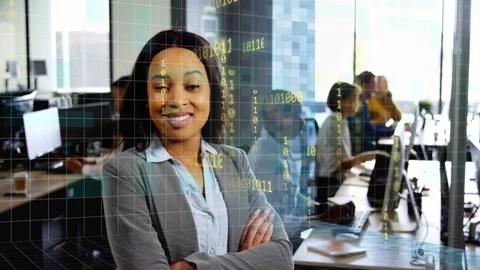 Lead standing in office, camera holding as data grid, binary sliding around her, Stock Footage 333132442