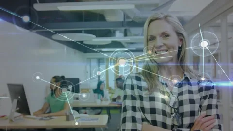 Lead standing in office, glowing node near torso emerging, expanding network, Video stock 331062397