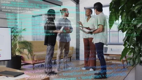 Lead starting tech sync in office, team checking tablets while code overlay Stock Footage 333631725