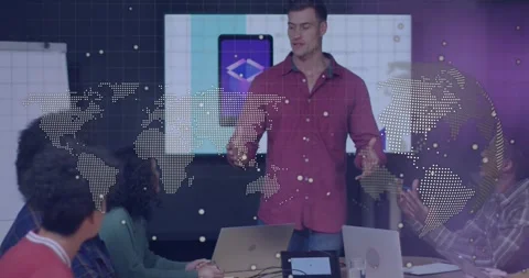 Lead stepping forward speaking causing team clapping as map or code overlay Stock Footage 331005807