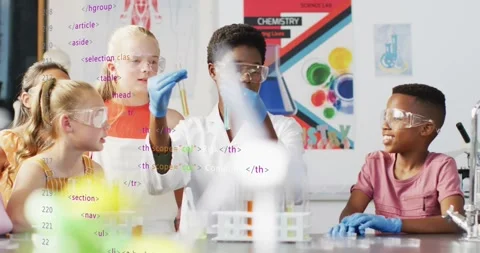 Lead student raising and turning test tubes, classmates leaning, comparing Stock Footage 331269999