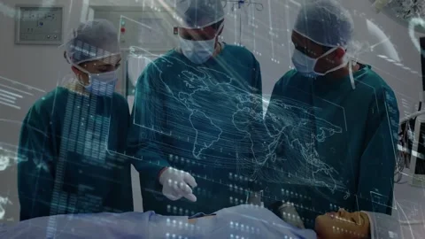 Lead surgeon pointing and selecting tool initiating surgery while world-map Stock Footage 333903286