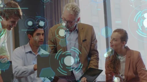 Lead taking laptop control, team joining to review tech data with animated Stock Footage 333317928