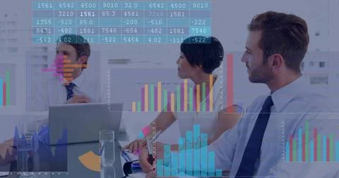 Lead talking and gesturing in meeting team using tablet overlay charts syncing Stock Photos