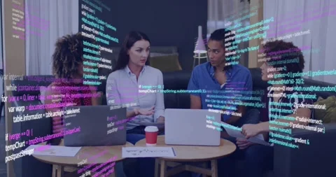 Lead talking, group using laptops and docs, teal magenta code overlaying scene, Stock Footage 331026420