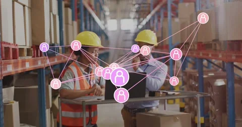Lead tapping laptop, growing pink node network, workers using tablet and mapping Stock Footage 329788719