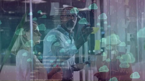 Lead tapping tablet, placing notes on glass for business planning, cloud overlay Stock Footage 335466111