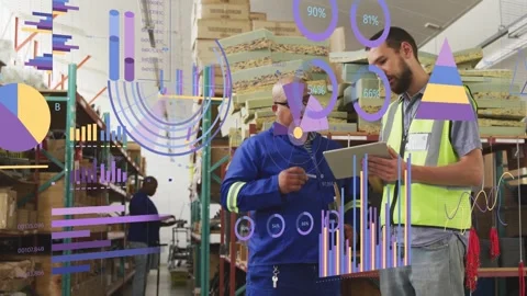 Lead tapping tablet, tech pointing shelves, data overlays highlighting boxes Stock Footage 334321927
