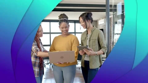 Lead tilting laptop team leaning tapping tablet reviewing biz data teal-purple Stock Footage 333278102