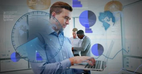 Lead typing on laptop causing moving charts while team viewing tablet analyzing Stock Photos