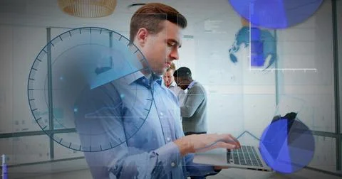 Lead typing on laptop causing moving charts while team viewing tablet analyzing Stock Photos