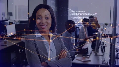 Lead woman posing center live feed sparking network overlay forming nodes across Stock Footage 333902860