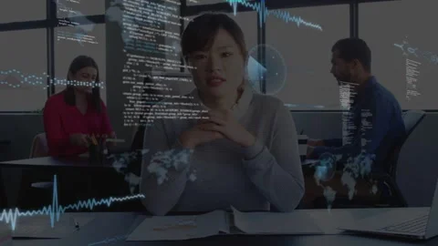 Lead woman sorting pages leaning forward causing map waves code drifting over Stock Footage 333193081