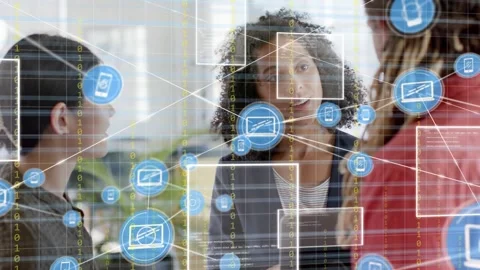 Lead woman tapping tablet presenting while blue node overlay expanding across Video stock 333494327
