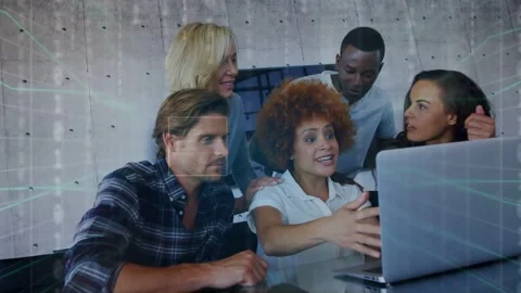 Lead woman typing on laptop and speaking, activating binary overlays for tech Stock Footage 335317536