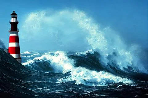 Leader and vision concept. Lighthouse In stormy landscape. Stock Illustration