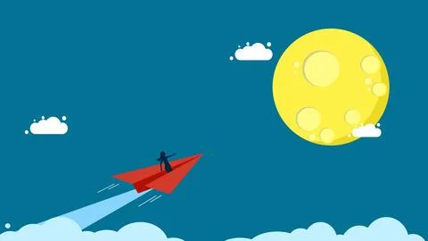 Leader of ideas above the clouds. woman controls a paper rocket to the moon Ilustração Stock