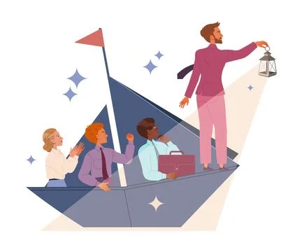 Leader Leading Team to Future Directing and Navigating with Lantern on Boat Stock Illustration