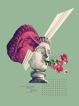 Leader or speaker. Collage with statue bust with flowers. Modern design. Stock Illustration