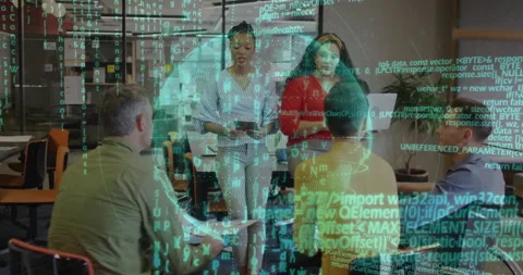 Leader tapping tablet in meeting, activating spinning globe with cascading code Stock Footage 310850930