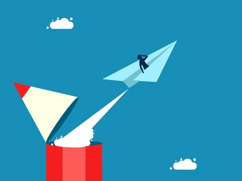 Leaders create and develop. Businessman flies in paper airplane out of pencil Stock Illustration