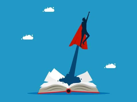 Leaders develop all around knowledge. man hero flying out of the book イラスト素材
