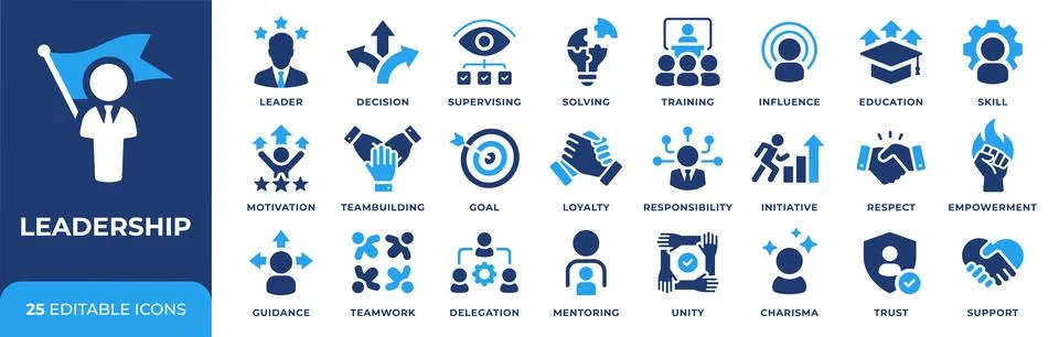 Leadership icon set with 25 vector icons. Management, motivation, teamwork,.. Stock Illustration