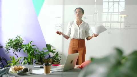 Leadership, idea and presentation practice by woman leader rehearsal speech for Stock Footage 225550955