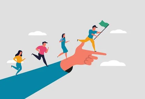 Leadership over team members. Pointer for business, a big hand shows a fing.. Stock Illustration