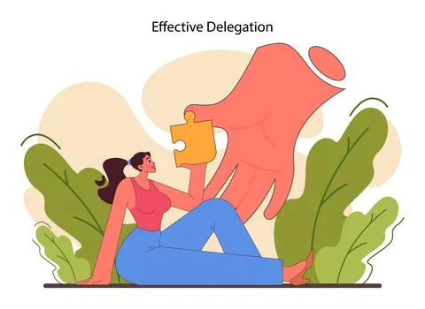 Leadership skill. Delegation. Effective task sharing or work optimization. Illustrazione stock