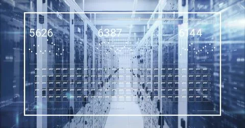 Leading central aisle extending in data center, with server racks cables lights Stock Photos