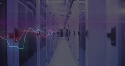 Leading central aisle running data center corridor, with server racks, LEDs and 스톡 사진