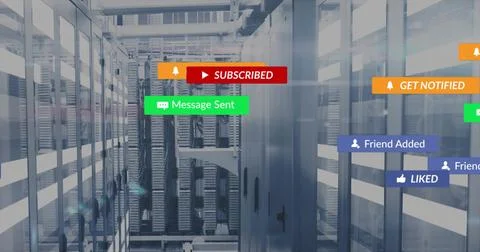 Leading central server rack row drawing eye down data center aisle, showing Stock Photos