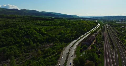 Leading Composition Lines Main Road Rail Tracks In Rural Industrial Area Pernik 库存影片 300441814