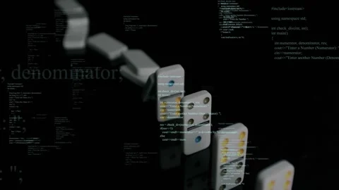 Leading domino tilting starting cascade, white tiles falling, code overlays Stock Footage 330142691