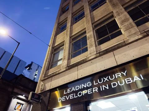 Leading luxury developer sign on the building in Manchester UK featuring ci.. 스톡 사진