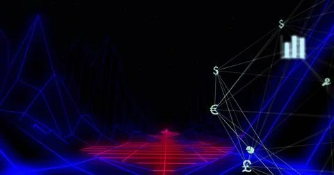 Leading neon red grid path guiding eye toward horizon in digital landscape, with Stock Illustration
