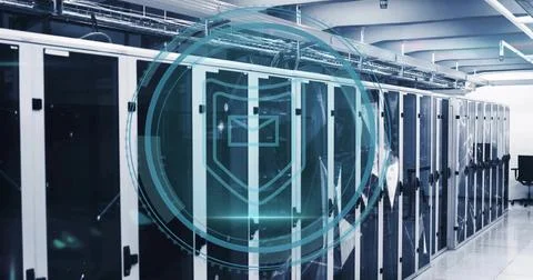 Leading row of glass-fronted server cabinets receding right in data center, with Stock Photos