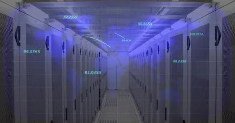 Leading server rack aisle drawing eyes to vanishing point in data center, with Stock Photos