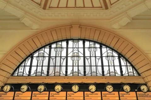 Leadlight window ''above the clocks''-Flinders Station ticket hall-Melbourne-AUS Stock Photos