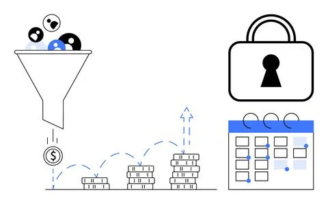 Leads enter funnel, transform into coins landing on stacked coins indicating  Ilustración de archivo