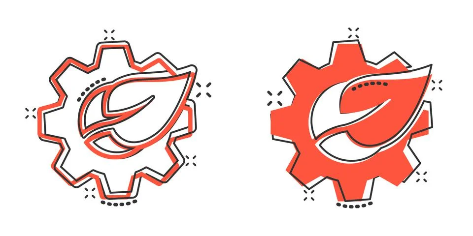 Leaf and gear icon in comic style. Cog with plant cartoon vector illustration Stock Illustration