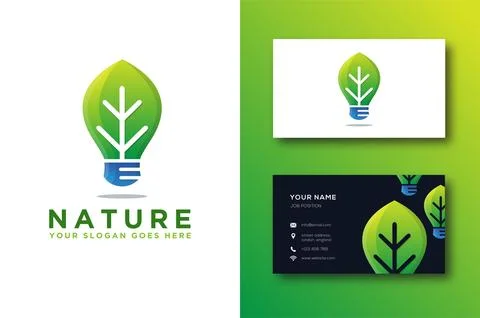 Leaf and lighting bulb logo and business card template Stock Illustration