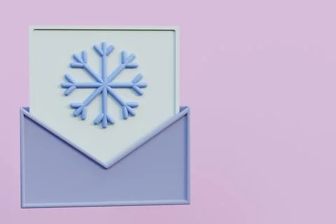 Leaf and snowflake in envelope isolated on pink background, 3d render Stock Illustration