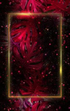 Leaf background golden frame and bokeh droplets 3D illustration Stock Illustration
