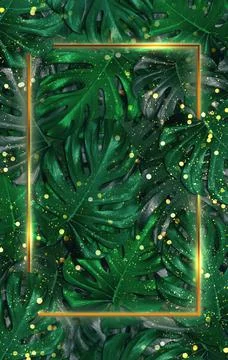 Leaf background golden frame and bokeh droplets 3D illustration Stock Illustration