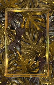 Leaf background golden frame and bokeh droplets 3D illustration Stock Illustration