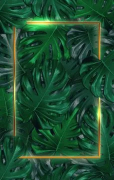 Leaf background golden frame and bokeh droplets 3D illustration Stock Illustration