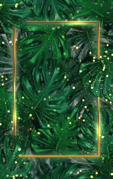 Leaf background golden frame and bokeh droplets 3D illustration Stock Illustration