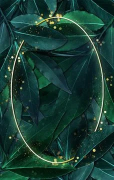 Leaf background golden frame and bokeh droplets 3D illustration Stock Illustration